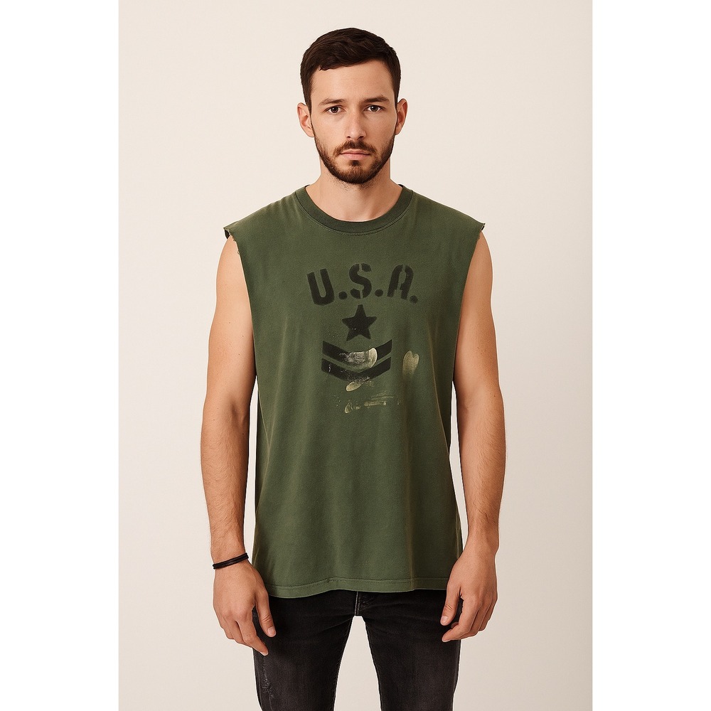 Vintage USA Military Army Green Cut Off T-Shirt Men's Large Grunge Punk Biker‎